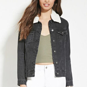 Forever 21 Black Sherpa Collar Jean Jacket LARGE